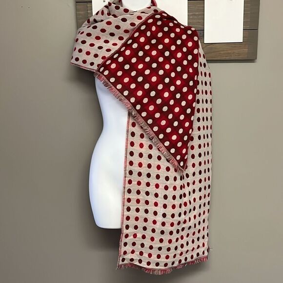 Talbots Women’s Red Cream Polka Dot Wool Blend Fashion Scarf Fringe 75”, 17.5” - Picture 4 of 16
